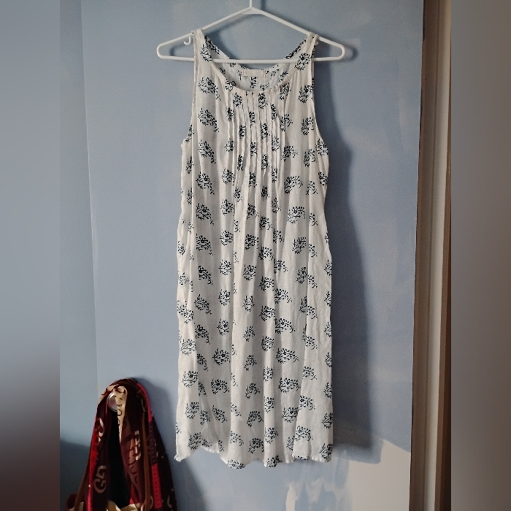 CP SHADES White And Blue Floral Print Linen Pintuck Dress M